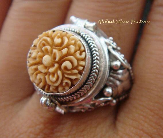 Sterling Silver Carved Flower Poison Ring LR-551-KA