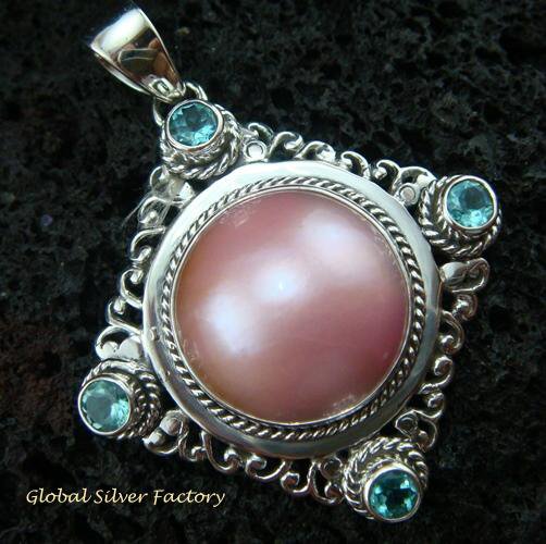 925 Silver Pearl & Blue Topaz Bali Designer Pendant SP-430-KT