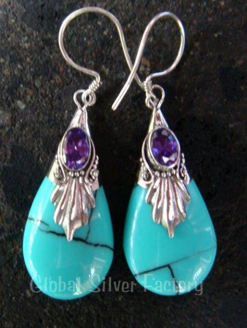 Silver Amethyst Synthetic Turquoise Teardrop Earrings SJ-143b-KA