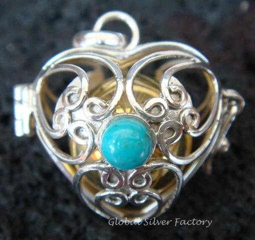 Silver Turquoise Heart Harmony Ball Pendant HB-232-KT