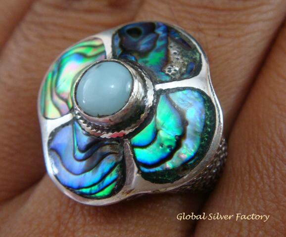 925 Silver Paua Shell & Larimar Ring RI-287-KT