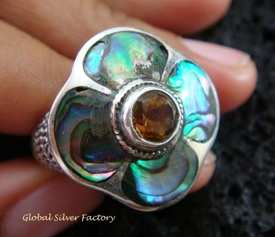 925 Silver Paua Shell & Citrine Ring RI-290-KT