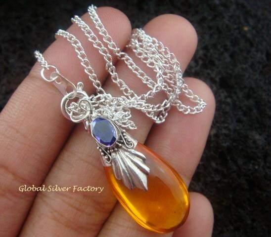 925 Silver Amethyst Synthetic Amber Teardrop Pendant SJ-119-KA