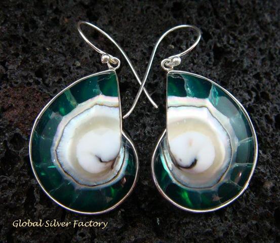 Sterling Silver Green Nautilus Shell Earrings ER-536-KT