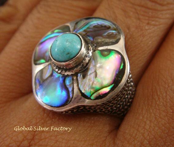925 Silver Paua Shell & Turquoise Ring RI-286-KT
