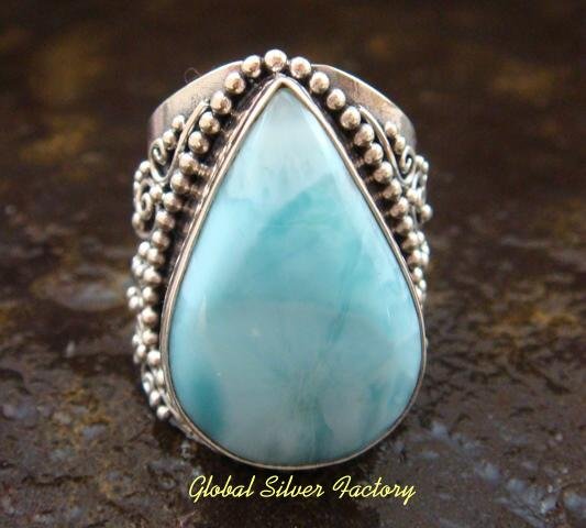Large Silver & Larimar Gemstone Ring RI-312-KT