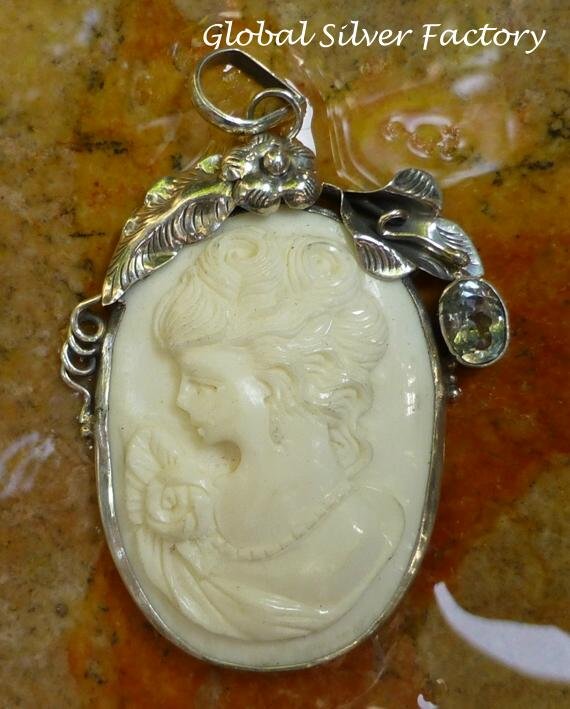 Sterling Silver and Blue Topaz Lady Cameo Pendant BP-176-KT