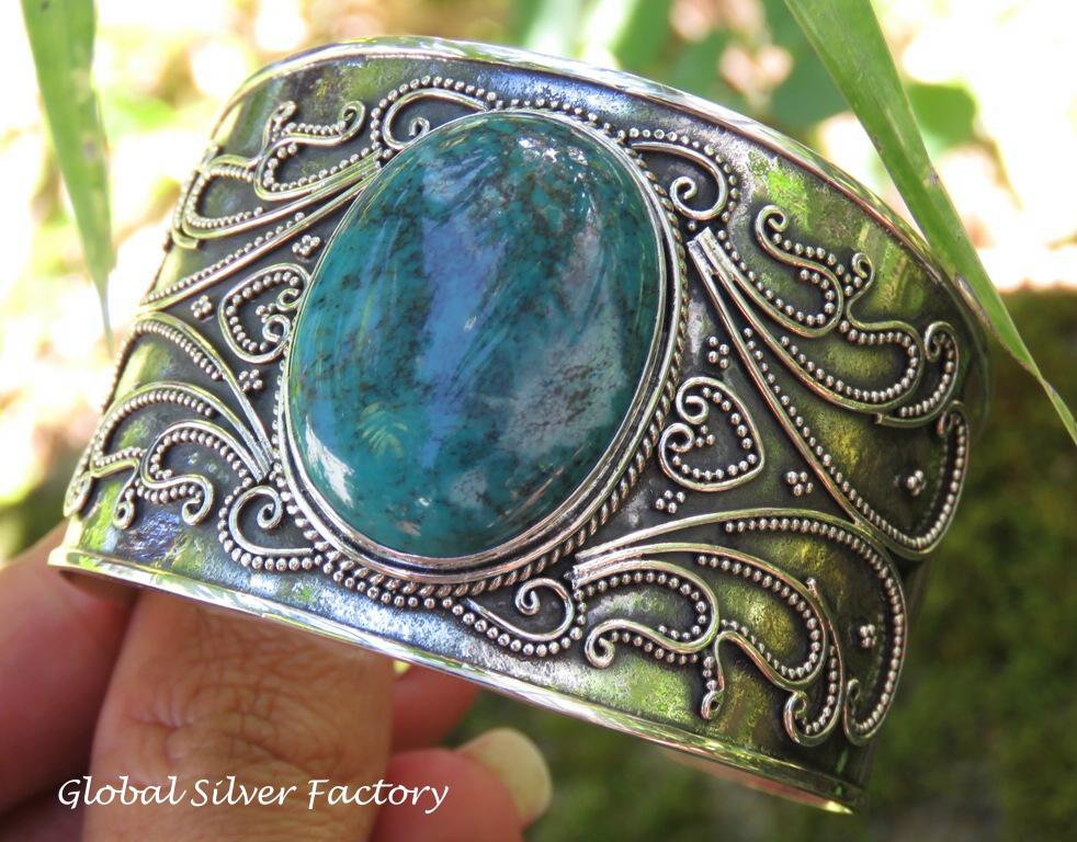 Handcrafted Sterling Silver and Chrysocolla Bangle SBB-487