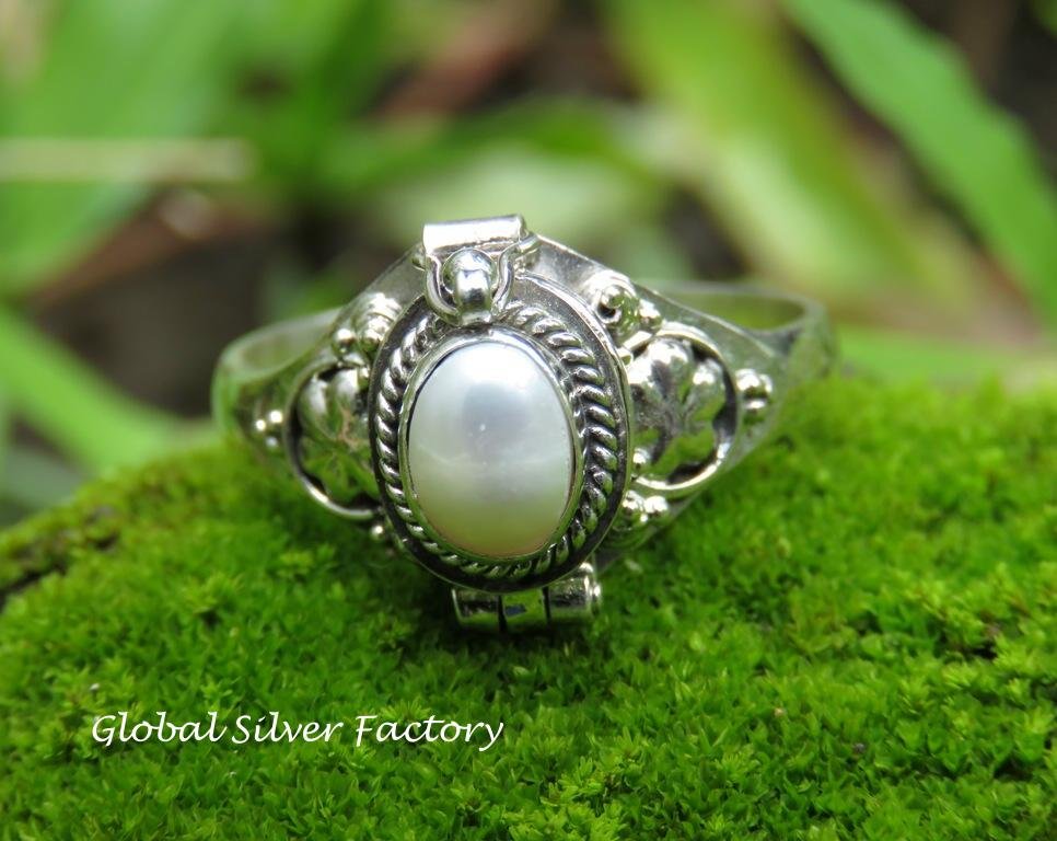 Silver and Pearl Poison Locket Ring LR-753