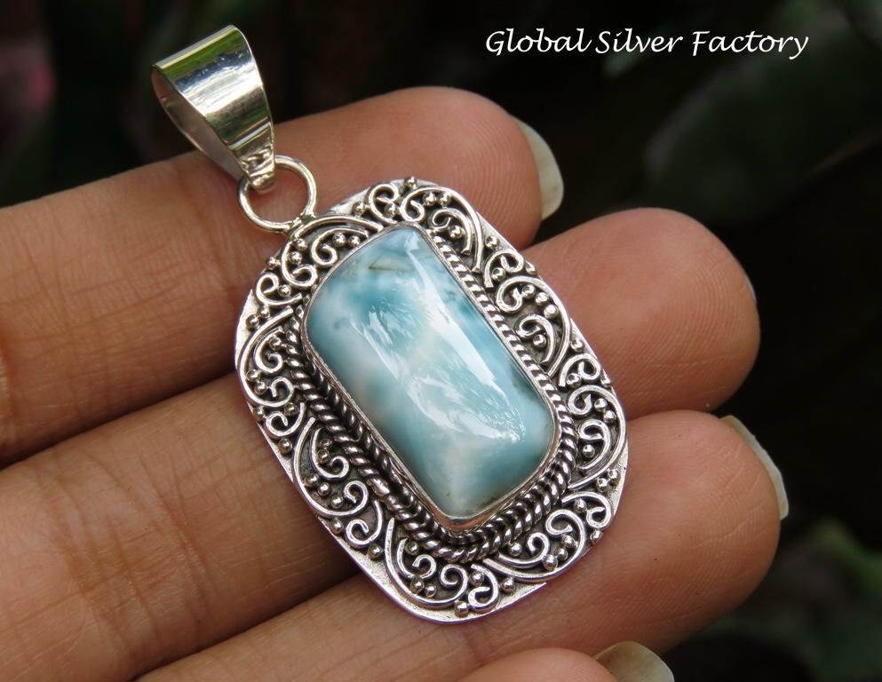 Filigree Silver and Larimar Gemstone Pendant SP-863