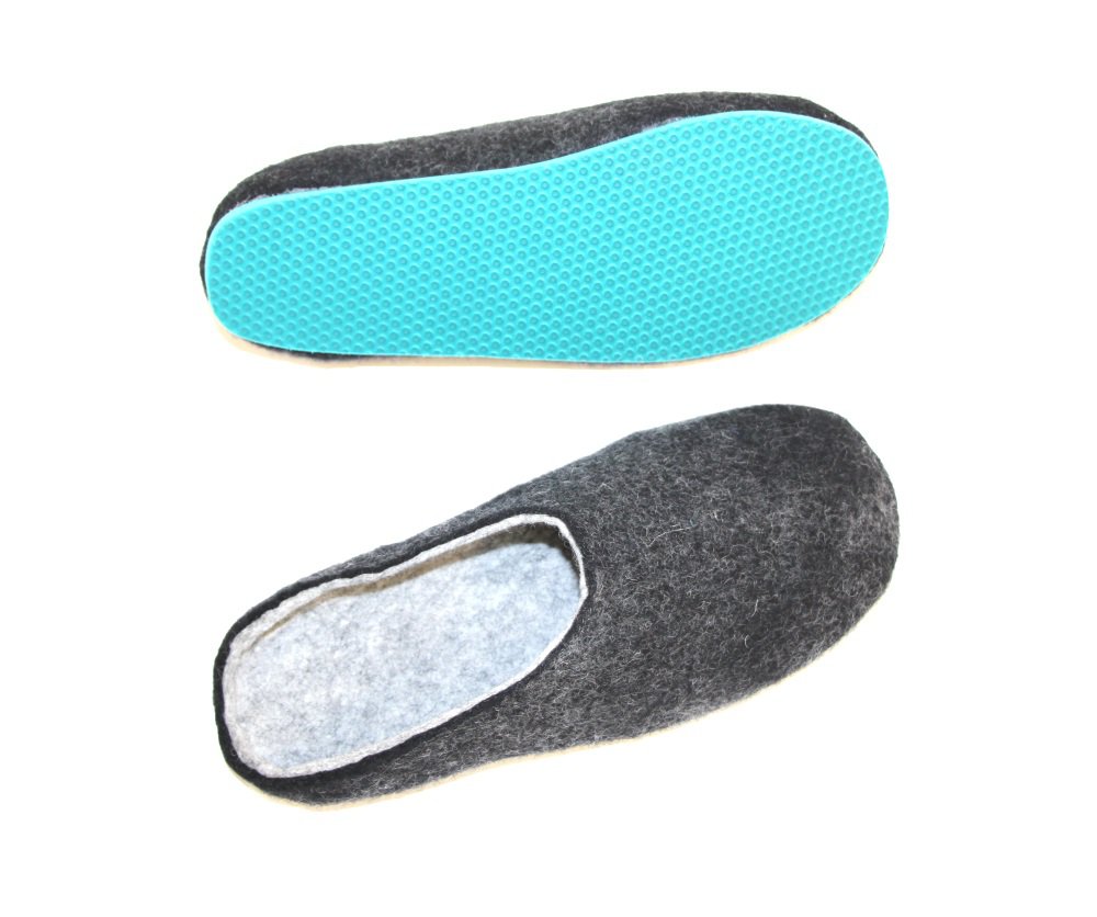 Women's felt wool slip-ons Charcoal Aqua Rubber Soled