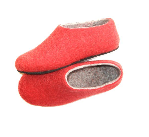 Women's felt wool slip-ons Red Grey Rubber Soled