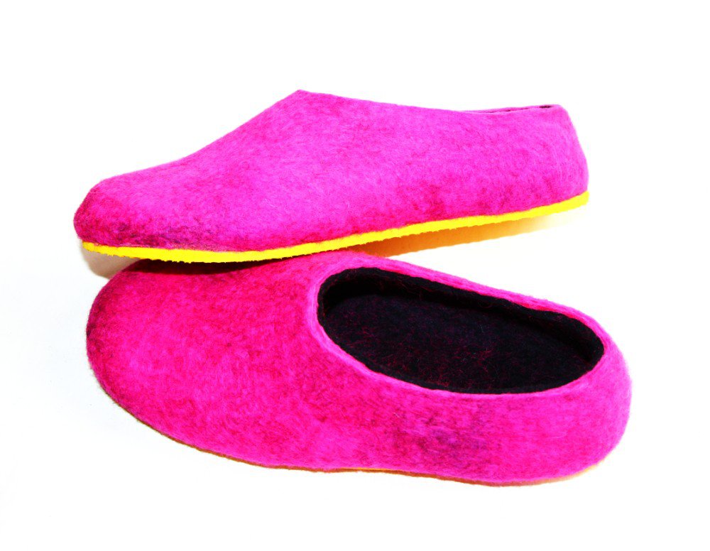 Women's felt wool slip-ons Pink Yellow Rubber Soled