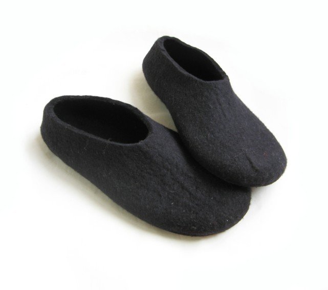 Men's Wool Slippers Black Black Rubber Soled. All sizes for Men