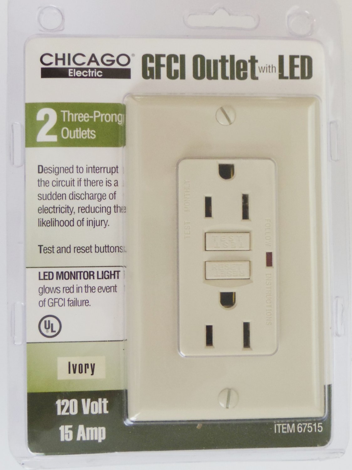 GFCI Outlet Receptacle with LED Monitor Light Ivory