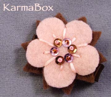 Pink Brown Flower Beaded Felt Hair Clip