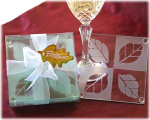 "Fall in Love" Frosted Leaf Design Glass Coasters (Set of 4) Wedding Favors