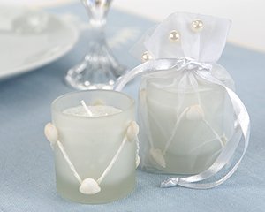 Coastal Elegance Frosted Glass Votive with Pearl Accented Organza Bag Wedding Favors