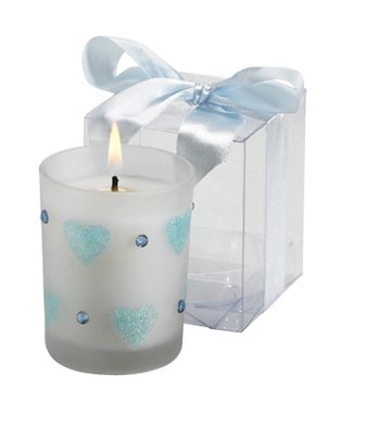 Glass Candle With Hearts and Rhinestones - Blue, Gold & Silver Wedding Favors