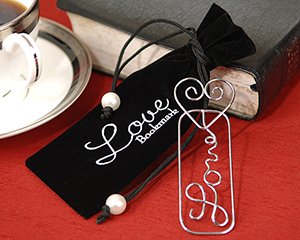 "Mark it with Love" Silver Silhouette Bookmark in Embroidered Velvet Pouch Wedding Favors