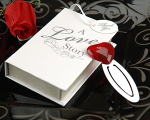 "A Love Story" Red Glass Heart Bookmark in Book Box Wedding Favors