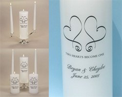 "Whimsical Hearts" Personalized Wedding Unity Candle Set & Candle Stand - White/Silver or Ivory/Gold