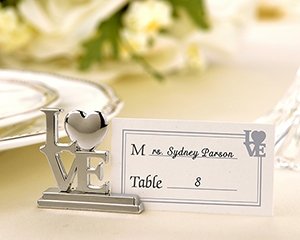 Set of 4 Silver LOVE Wedding Reception Place Card Holders with Matching Place Cards