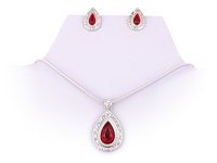 Red & Silver w/Crystals Teardrop Necklace and Earrings Set