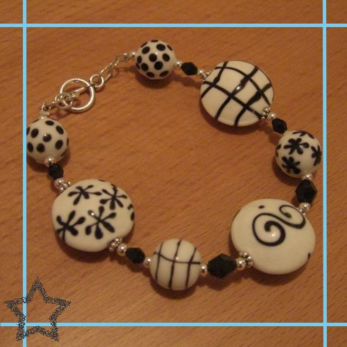 Black/White Beads with Jet Crystals Toggle Bracelet
