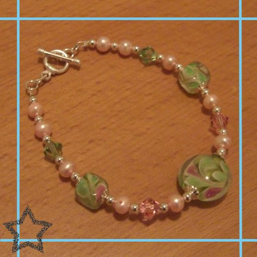 Lime Swirl with Light Rose & Peridot Austrian Crystals with Baby Pink Fresh Water Pearls Bracelet