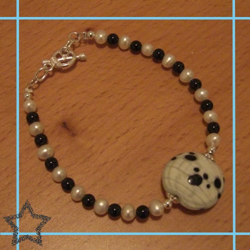 Black Paw Print with White Fresh Water Pearls and Black Onyx Single Bead Toggle Bracelet