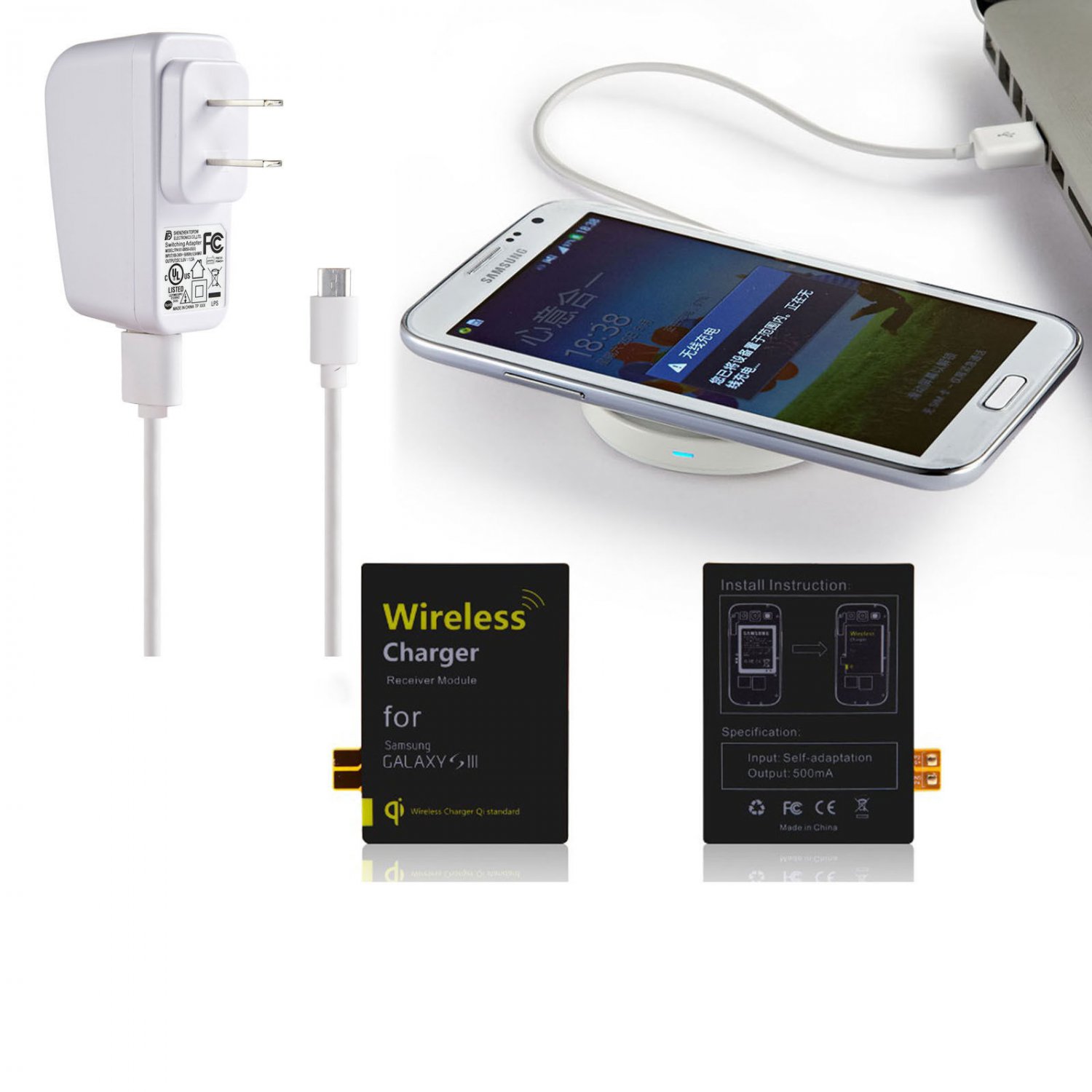 Qi Wireless Charger Pad Panel + Receiver for Samsung Galaxy Note 2/3 S4 S3 i9300