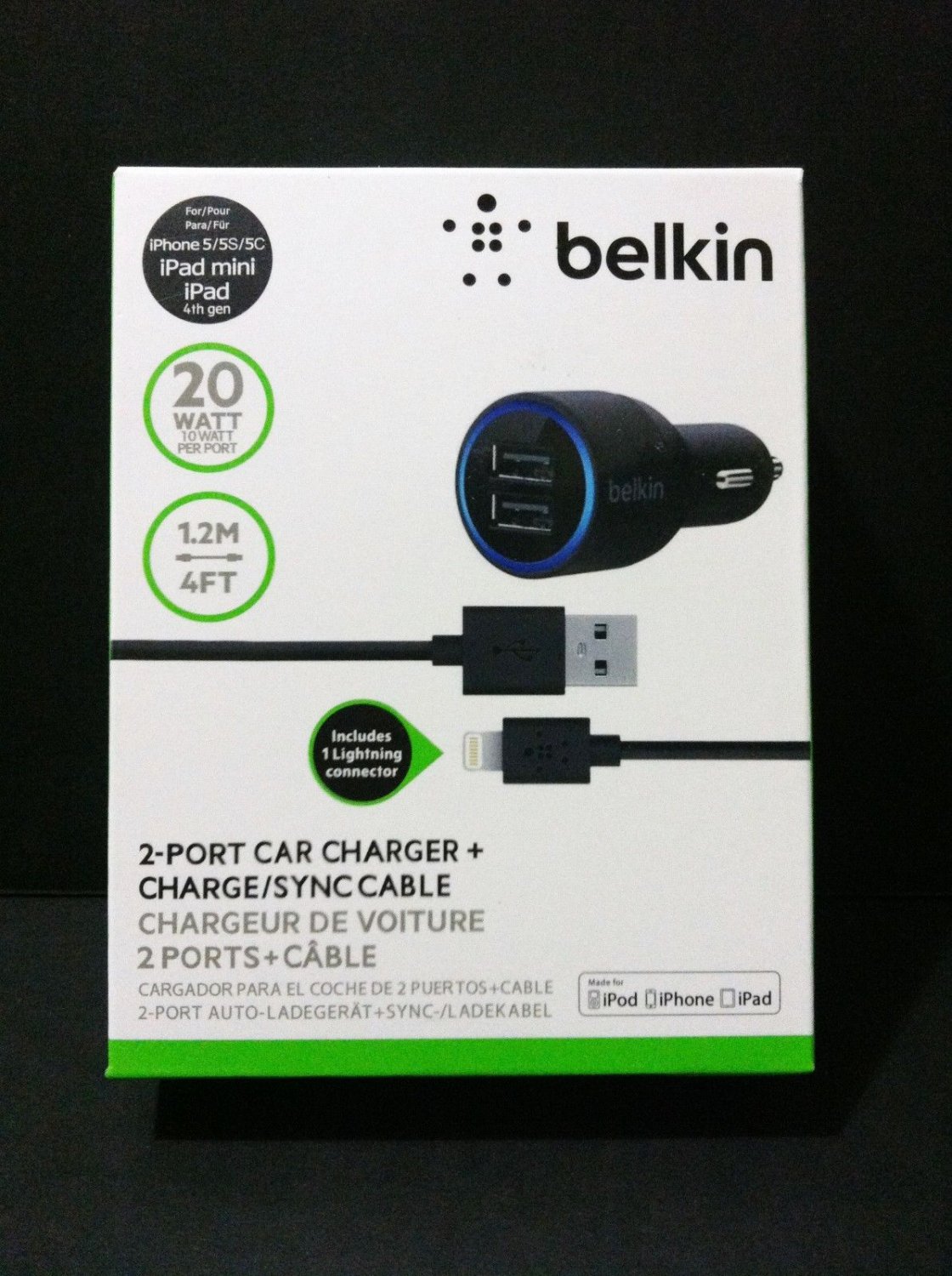 New Belkin Dual 2 Port Car Charger with Lightning to USB Cable 20 Watt/ 4.2 Amp