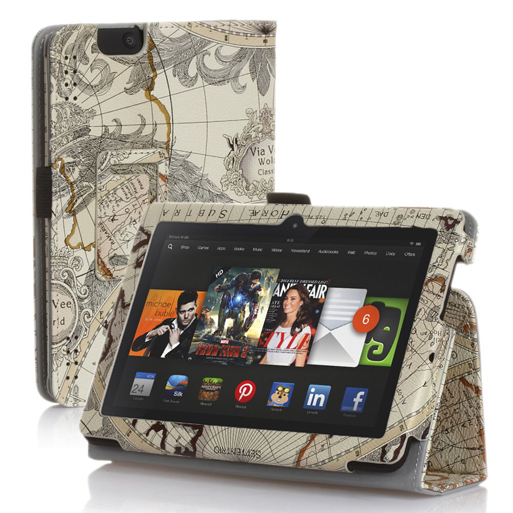New Map-Beige Kindle Fire HDX 7" PU Leather Folio Stand Cover Case