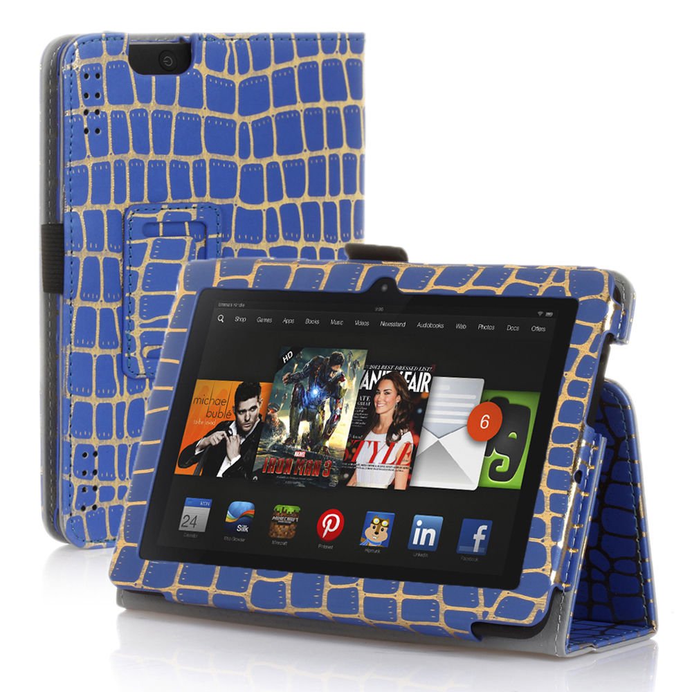 New Golden Stripe-Blue Kindle Fire HDX 7" PU Leather Folio Stand Cover Case