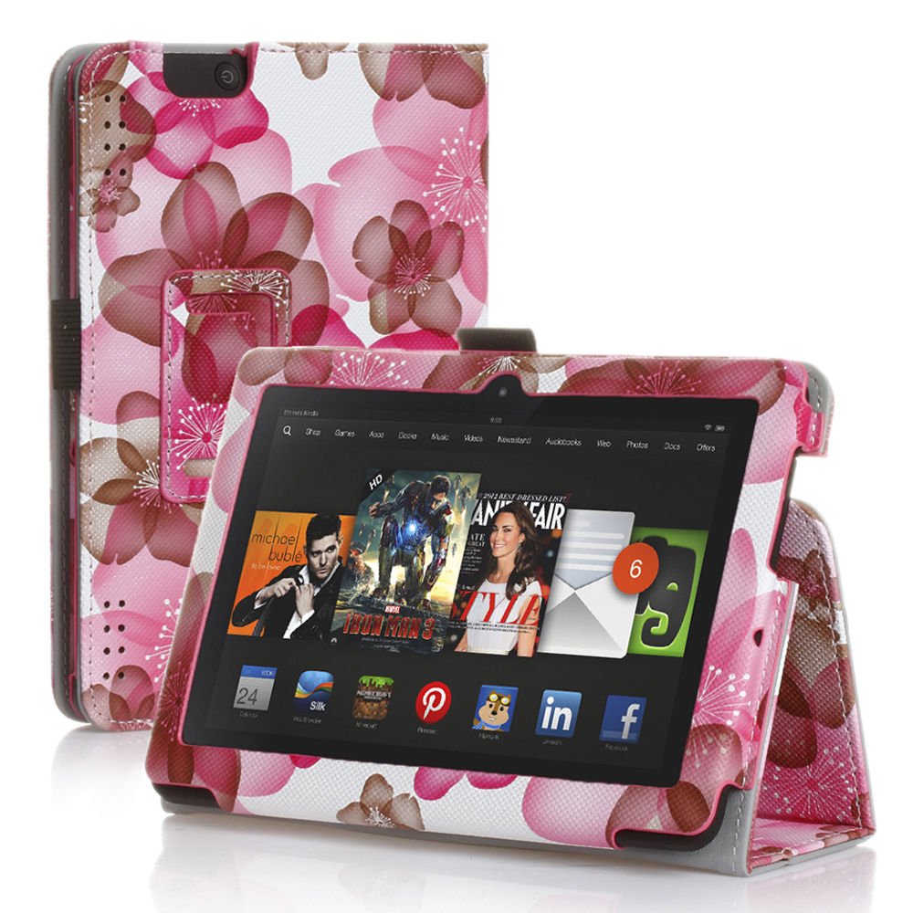 New Flower-Pink Kindle Fire HDX 8.9" 2013 PU Leather Folio Stand Cover Case