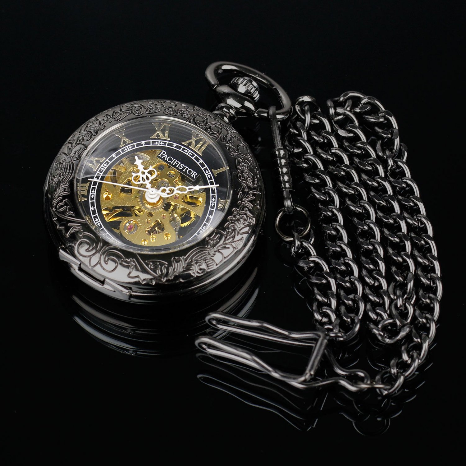 Pacifistor Transparent Luxury Gents Skeleton Mechanical Mens Chain Pocket Watch