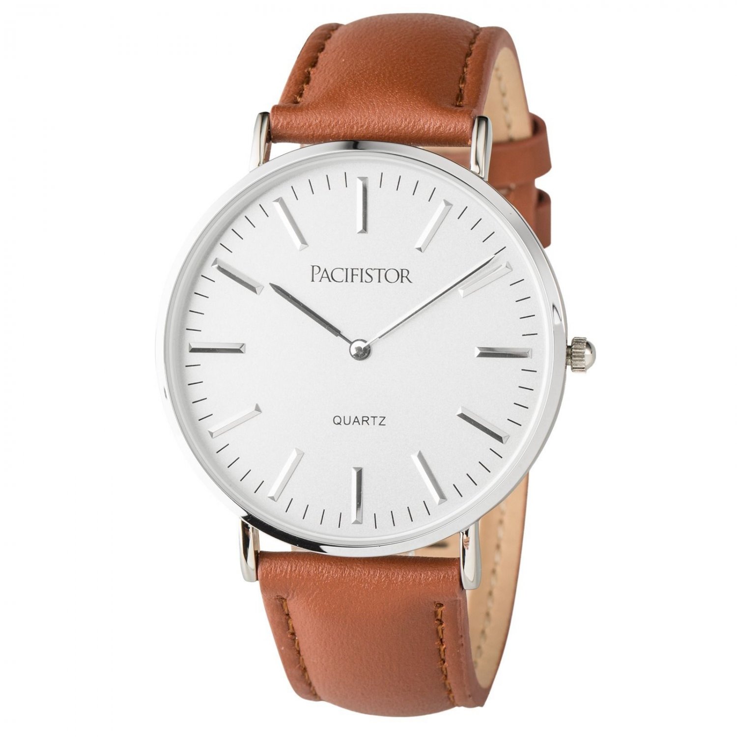 Pacifistor Mens Stainless Steel Case Quartz Brown Leather Engraved Wrist Watch