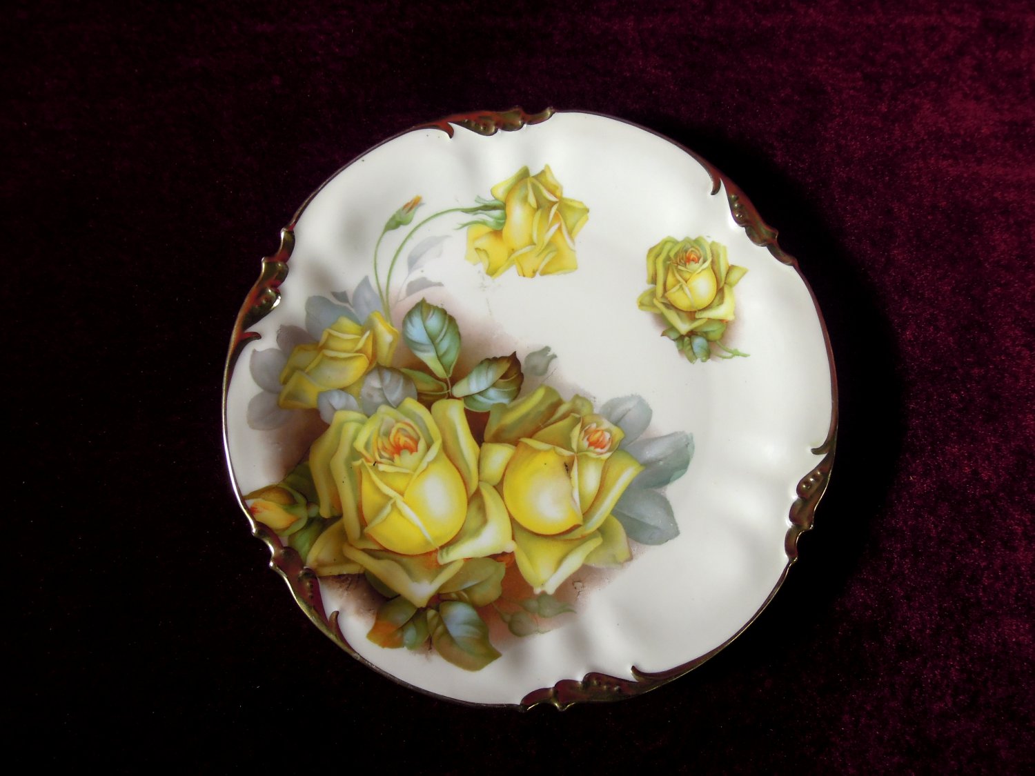 Antique Prov Saxe China Plate Yellow Roses Gilded Trim Es Germany