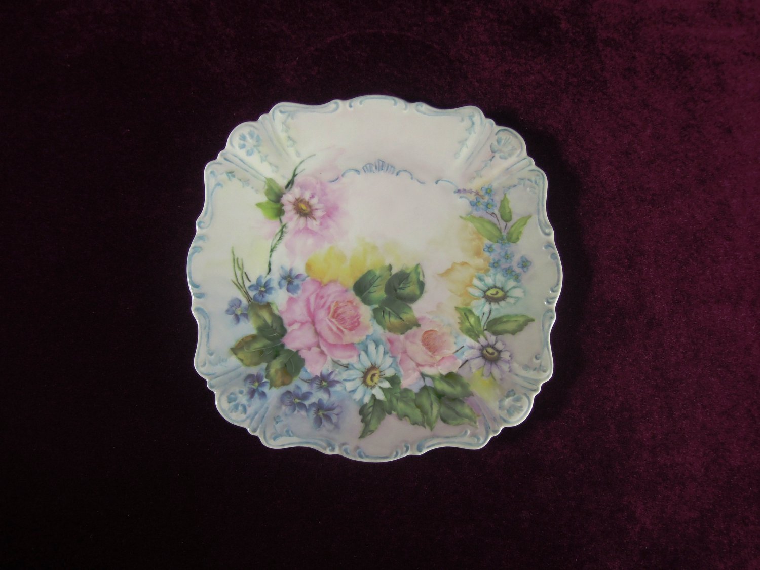 Antique Cabinet Plate Roses Embossed Scalloped Rim