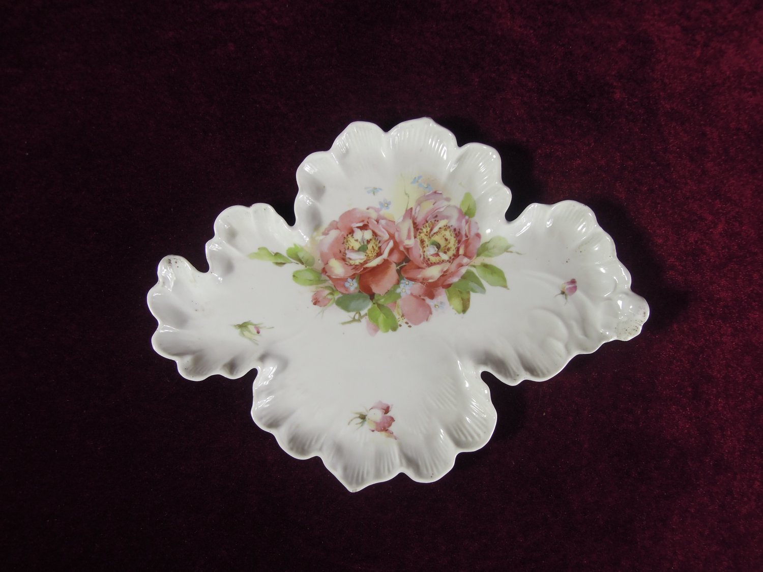 Antique Leaf Candy Dish Roses Scalloped Edges