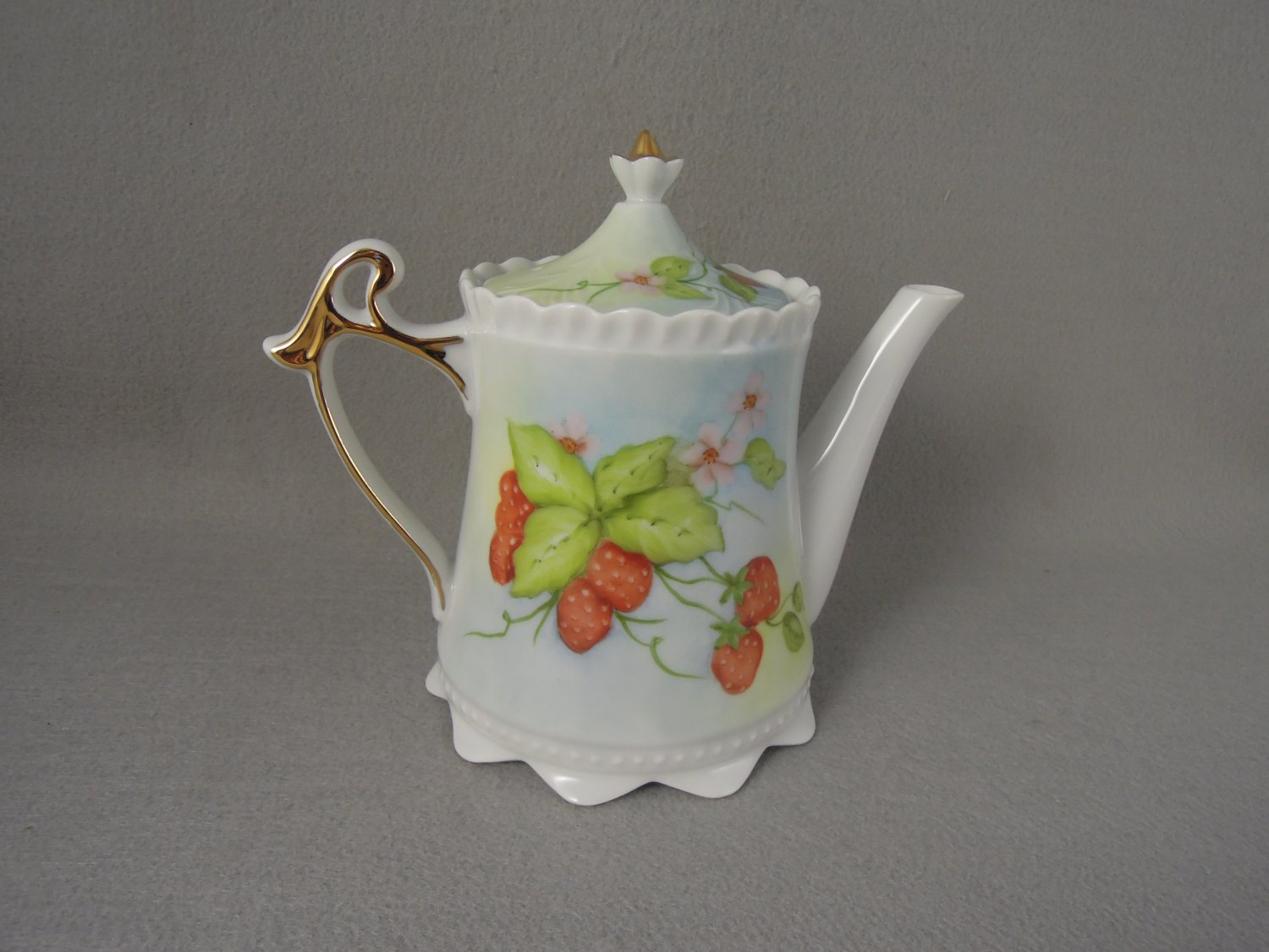 Coffee Pot Strawberry Motif Gold Trim Signed Minke