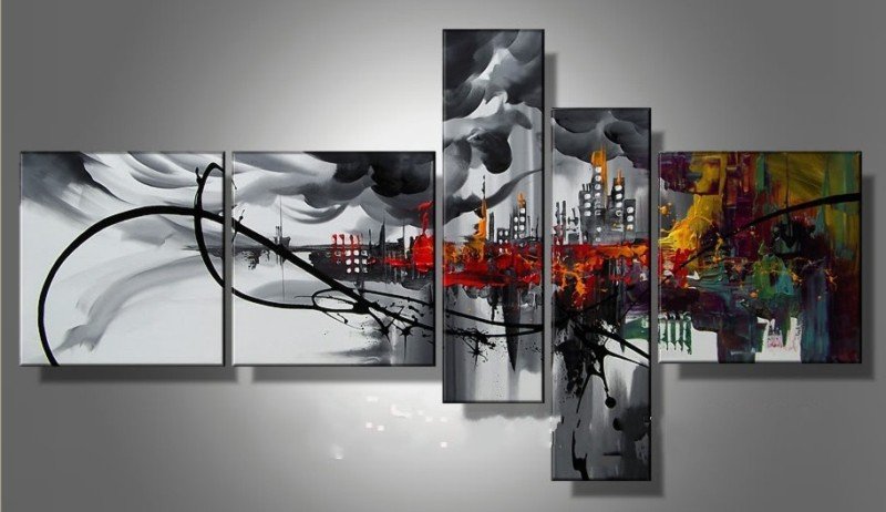 Framed!! Hand Painted 5 Panels Abstract Oil Painting on Canvas