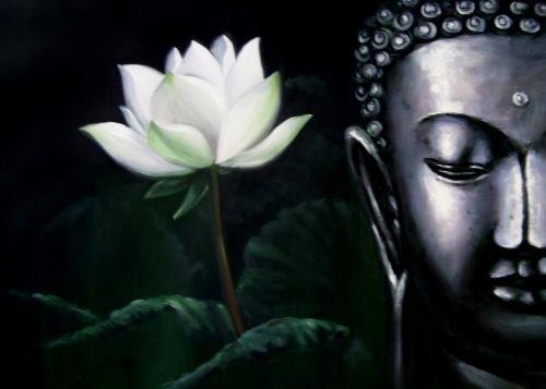 andmade Beautiful Buddha With Flower Oil Painting on Canvas Framed