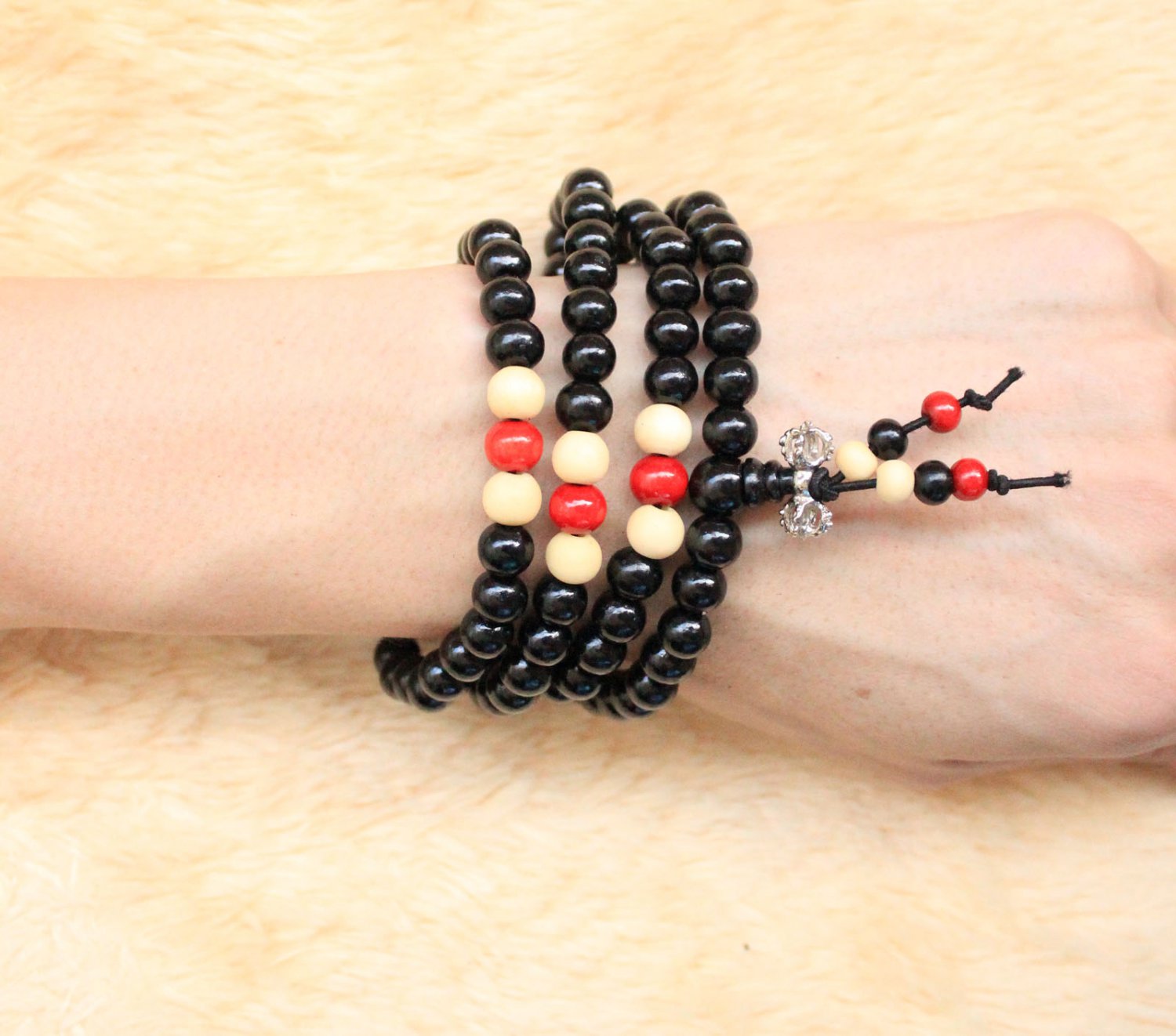 Buddha Wooden Wrist Mala 8mm 108 Buddhist Buddha Multi Chain Black Bead Bracelet Necklace