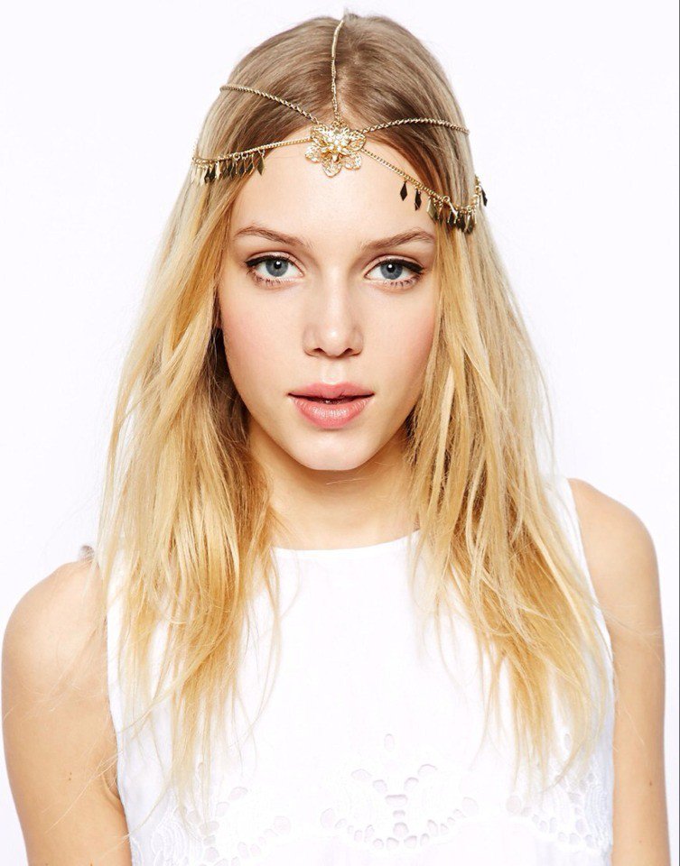 Gold Chain rhinestone Flower Dangle Drop Crown Head Hair Cuff Headband Headpiece