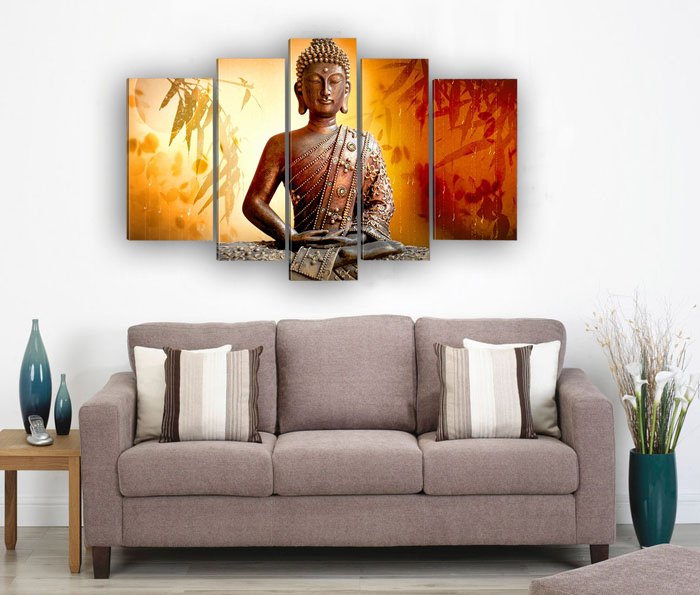Framed Huge Size 5 Panel Wall Art Religion Buddha Oil Painting On Canvas Knife Modern Art Paintings