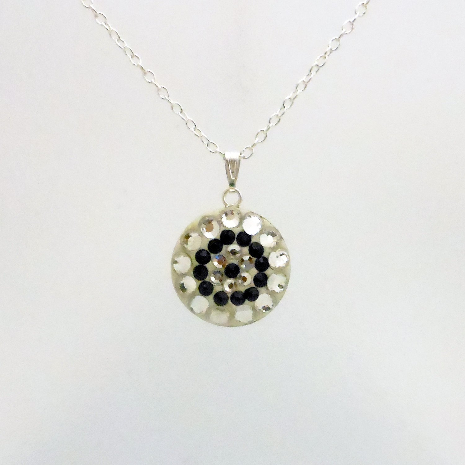 Round Silver and Black Swarovski Crystal Pendant Necklace