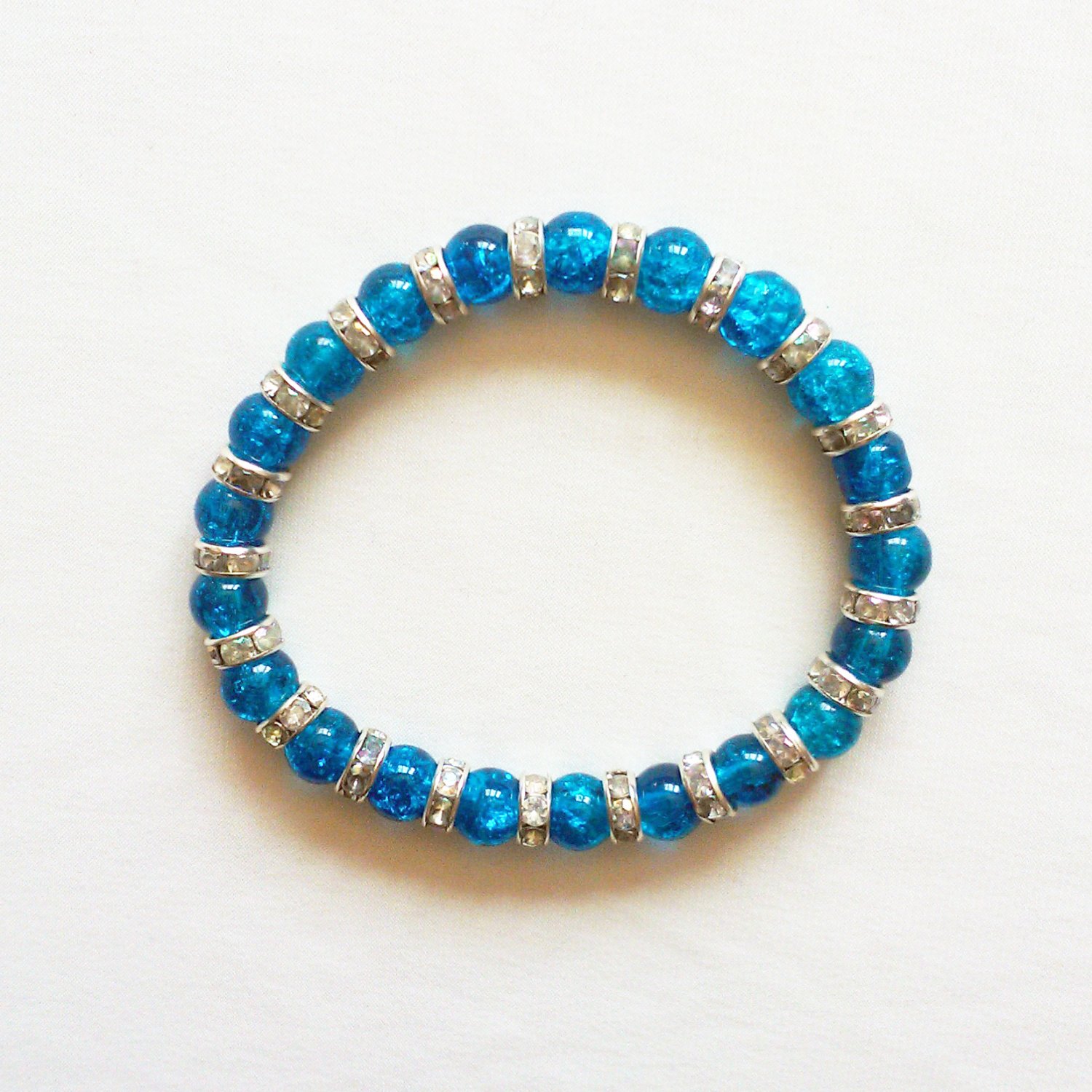 Blue and Silver Glass and Crystal Stretchy Bracelet