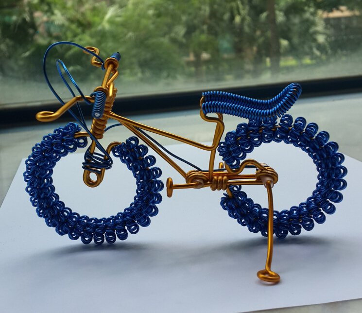 unique custom handmade gift wire bike blue with yellow gold bicycle birthday presents